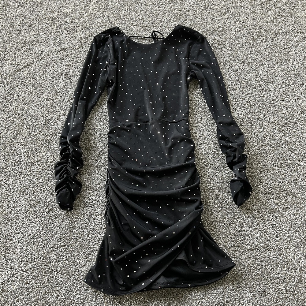 Lucy In The Sky Dress Womens XS Black Rhinestone Polka Dot Long Sleeve Mini